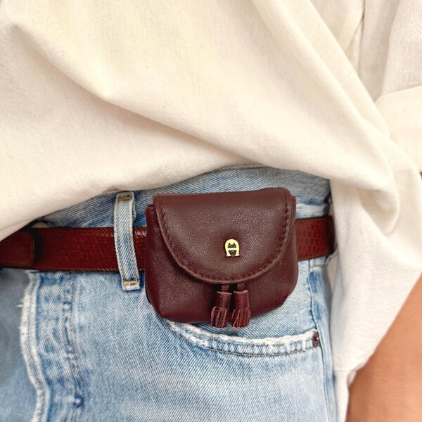 Vintage Etienne Aigner Oxblood Leather Coin Purse: Mini Belt Bag with Keychain