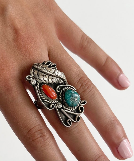 Navajo Turquoise Ring Old Pawn Vintage Native American Sterling Silver Red Coral Decorative Leaf Feather Scroll