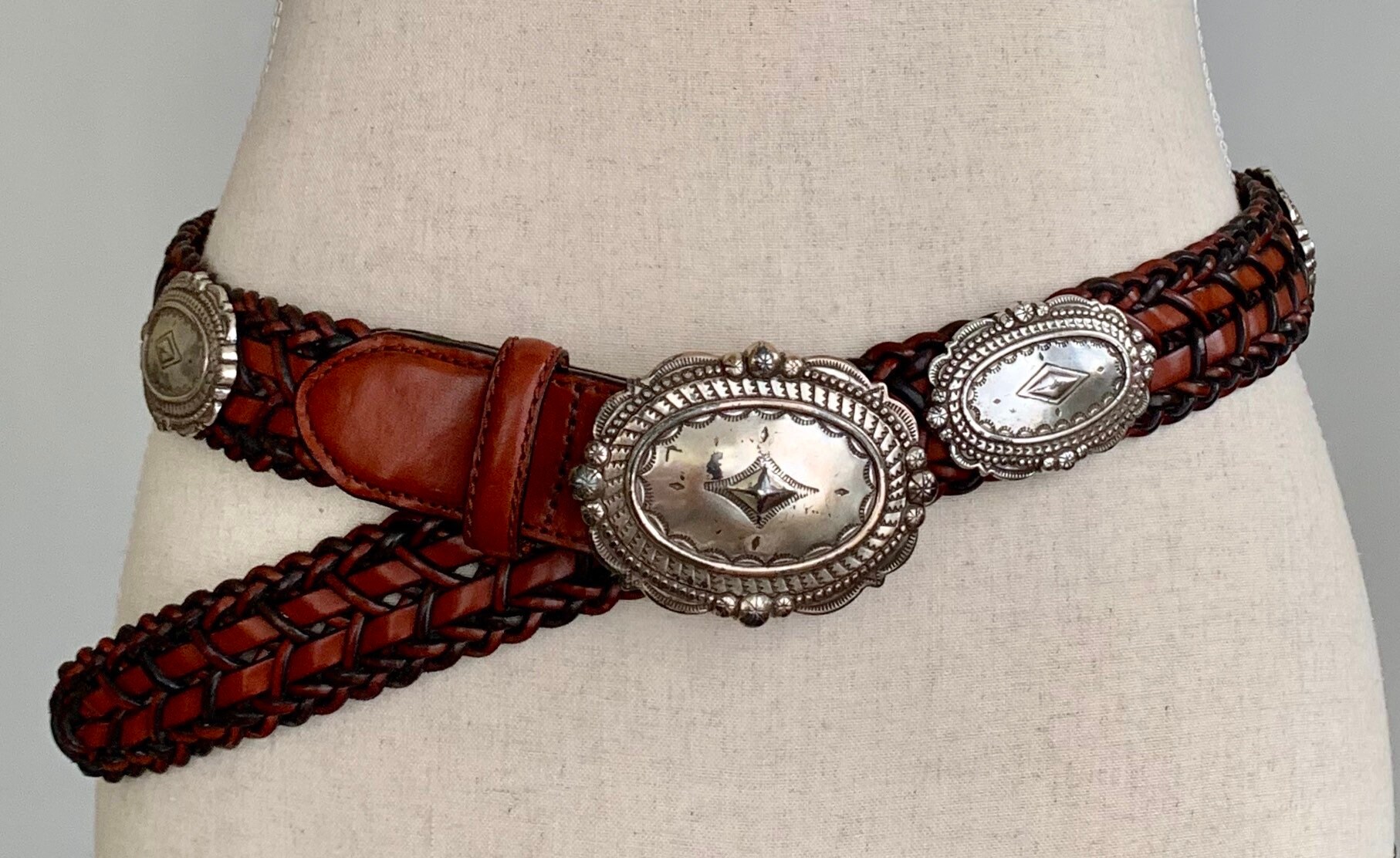 Brighton Western Concho Belt Vintage Braided Brown Leather Strap Silver