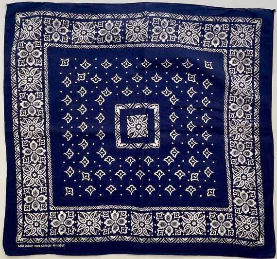 Vintage Indigo Bandana 50s 60s Fast Color Navy Blue Western Floral Print Cowboy Scarf Soft All Cotton