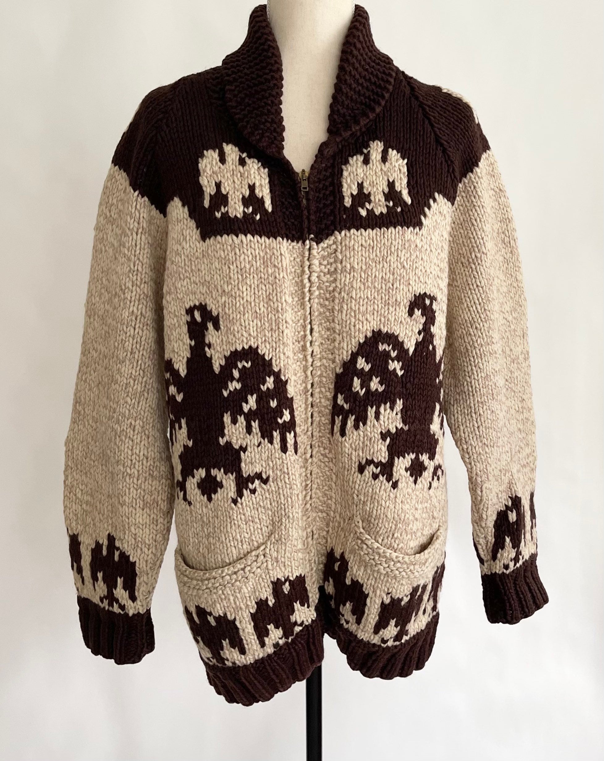 Thunderbird Cowichan Sweater Cardigan Vintage All Wool Knit Animal
