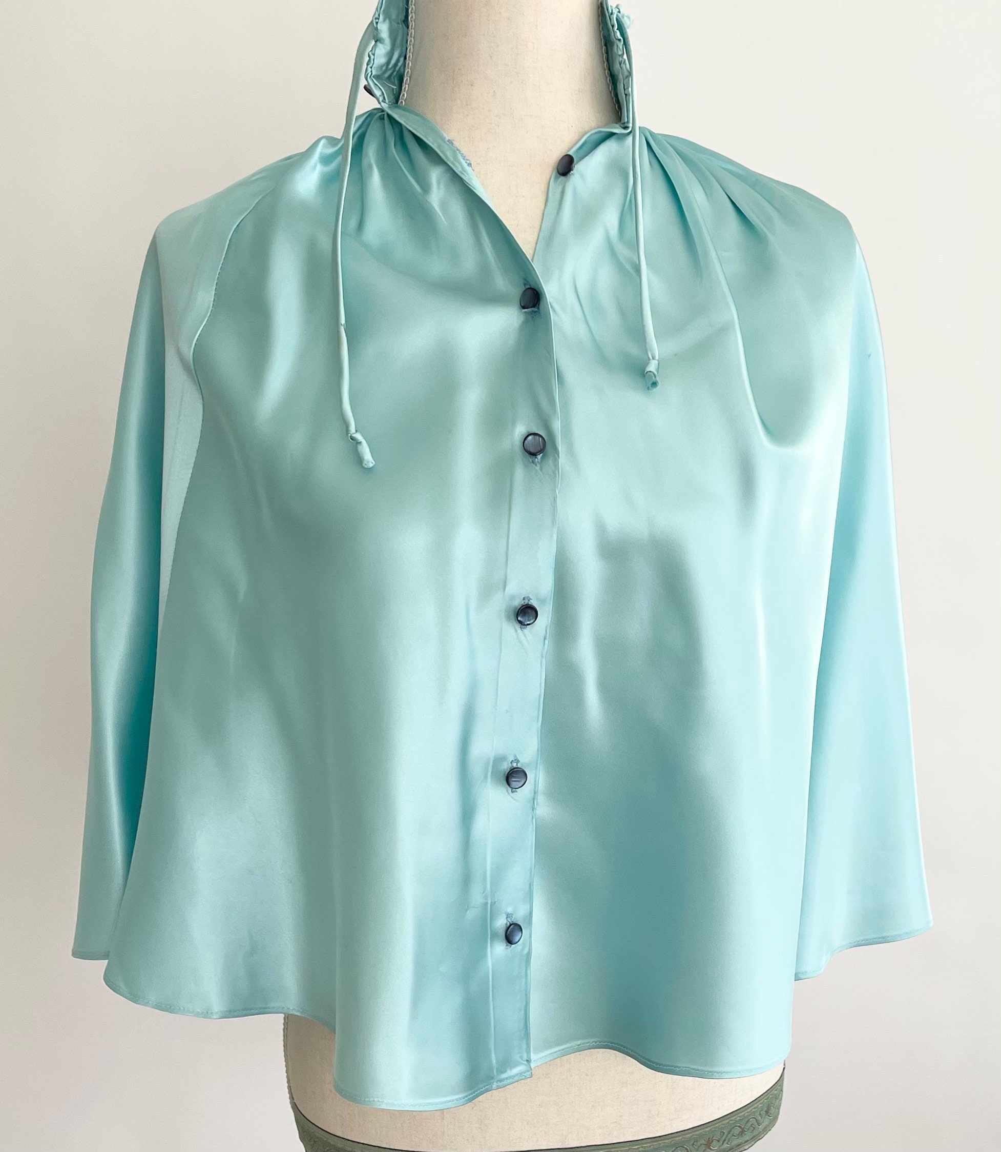 Aqua Satin Bed Jacket Vintage 30s 40s Lingerie Sleepwear High Tie Neck ...
