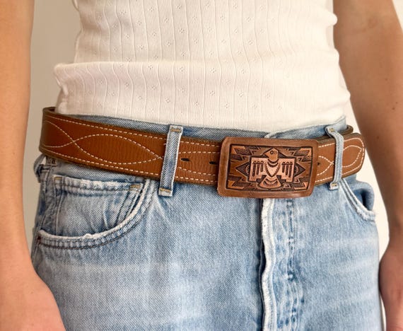 Vintage Western Thunderbird Belt Tooled Tan Brown Leather Strap Cowboy Eagle Buckle Rugged Distressed Worn Leather