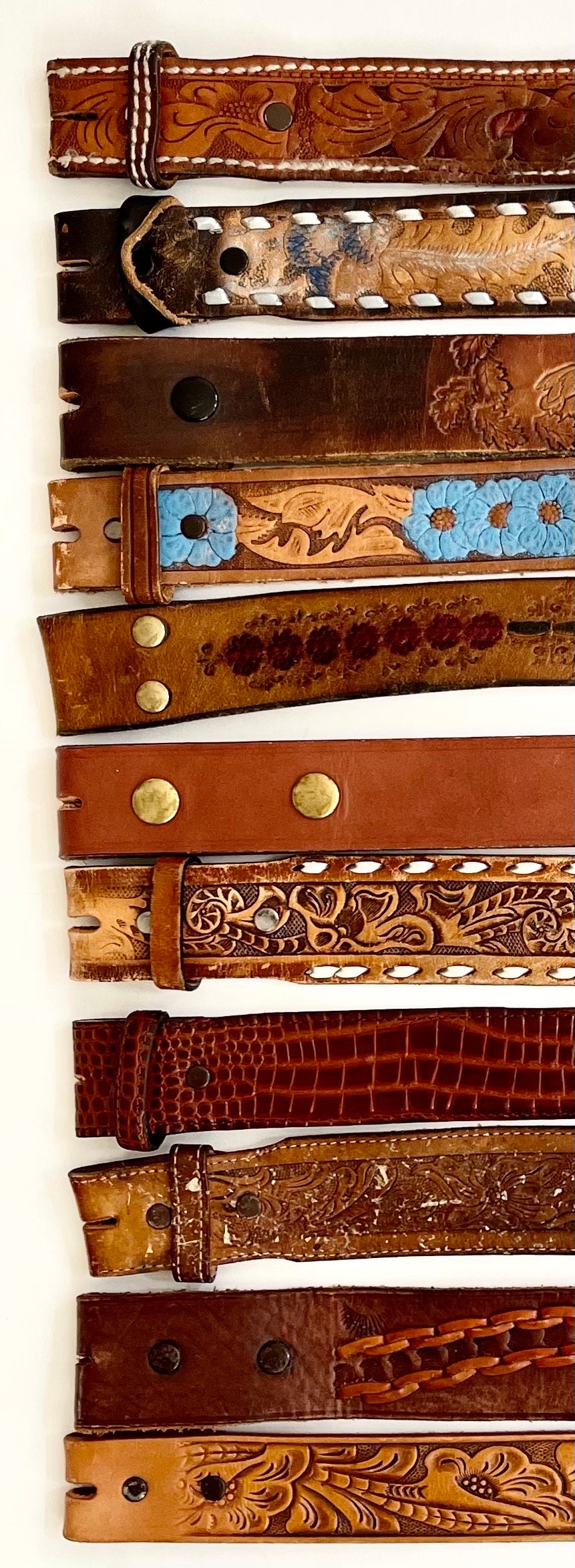 Tooled Leather Belt Strap Vintage Snap On Detachable Brown Black