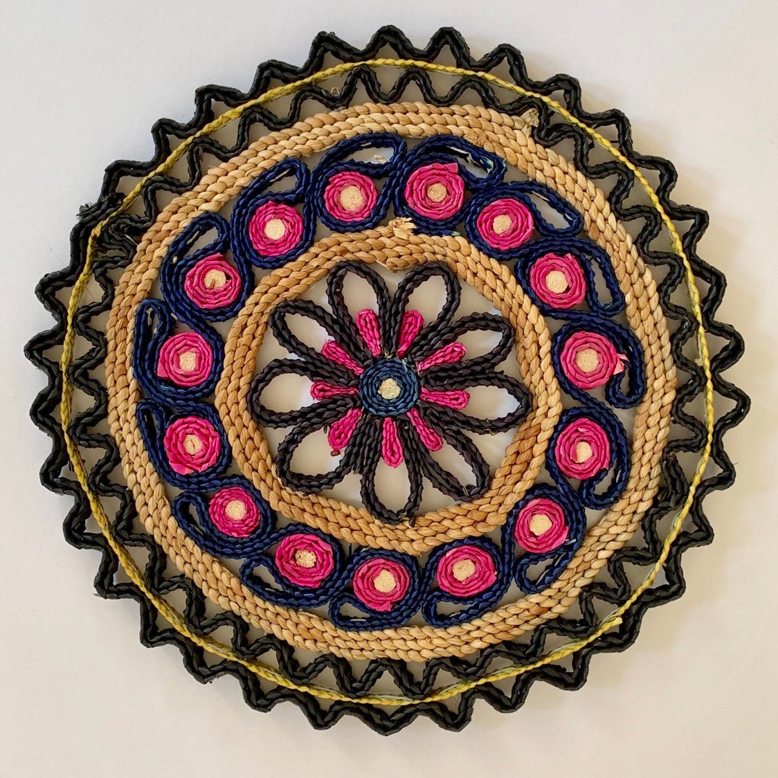 Boho 70s Straw Placemats Set of 5 Round Colorful Bohemian Weave Beige