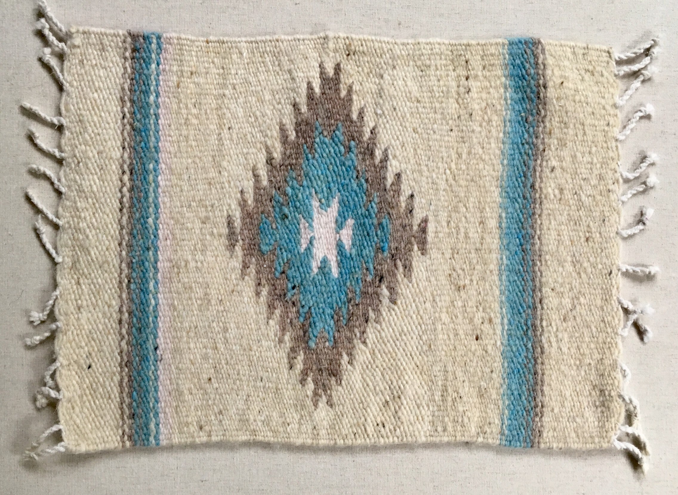 Hand Woven Southwest Placemats Set of 4 Vintage Home Decor Handmade Beige Brown Blue Wool Weave
