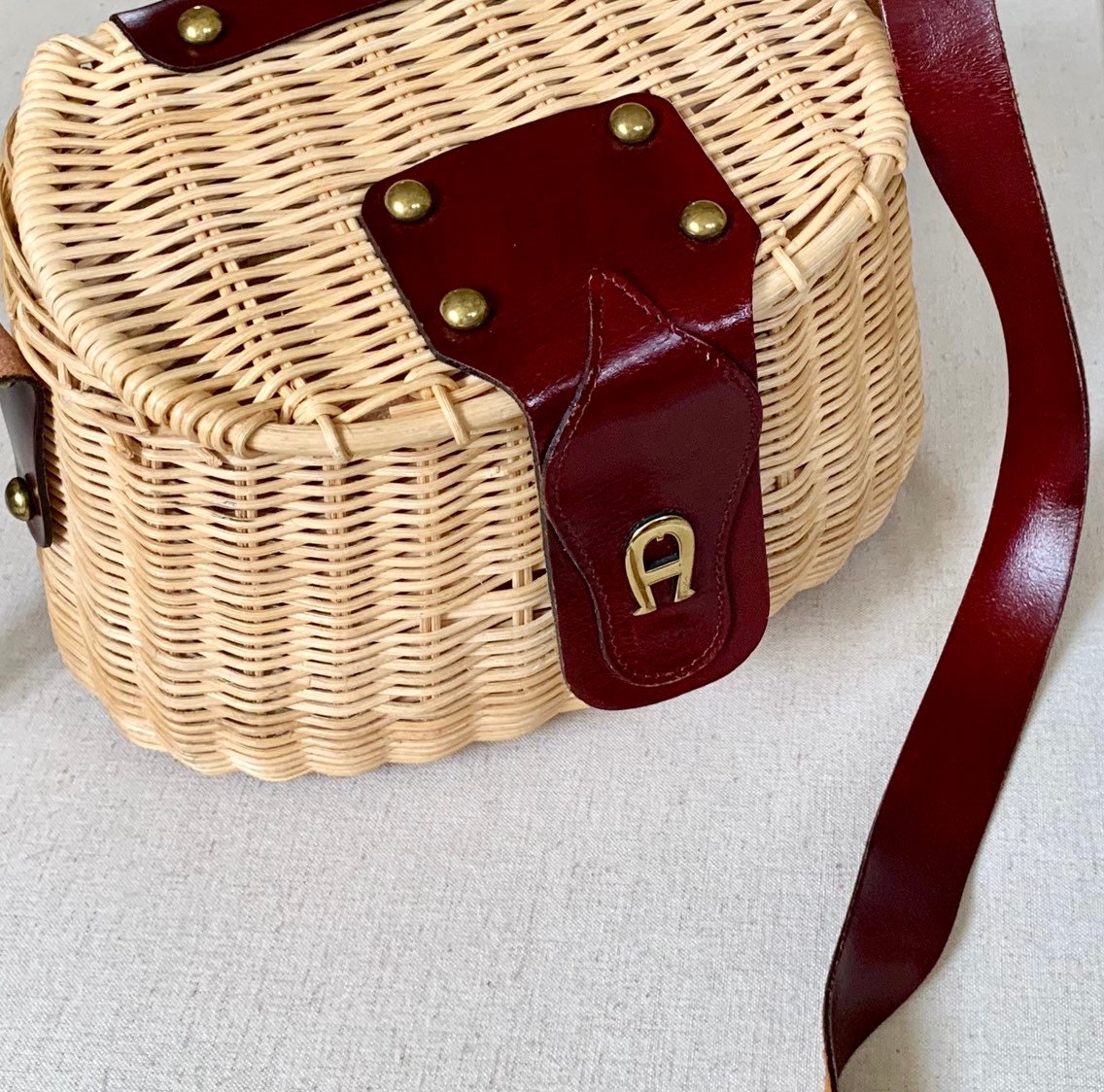 Etienne Aigner Wicker Purse Straw Bag Oxblood Leather Straps Brass