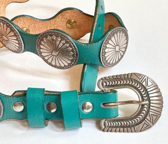 Sterling Silver Concho Belt Michael Tahe Native American Navajo Vintage Turquoise Leather Strap Handcrafted Round Stamped Conchas Western