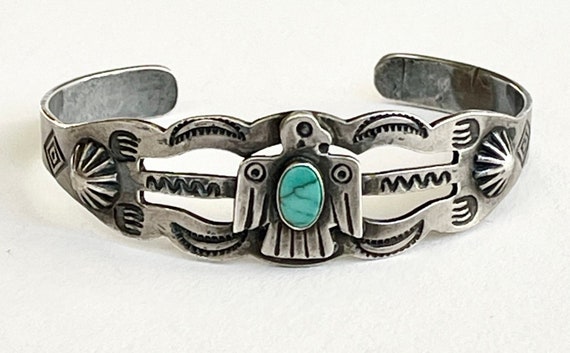 Vintage Thunderbird Turquoise Cuff Bracelet Fred Harvey Trading Post Era Sterling Silver Repousse Stamped Details