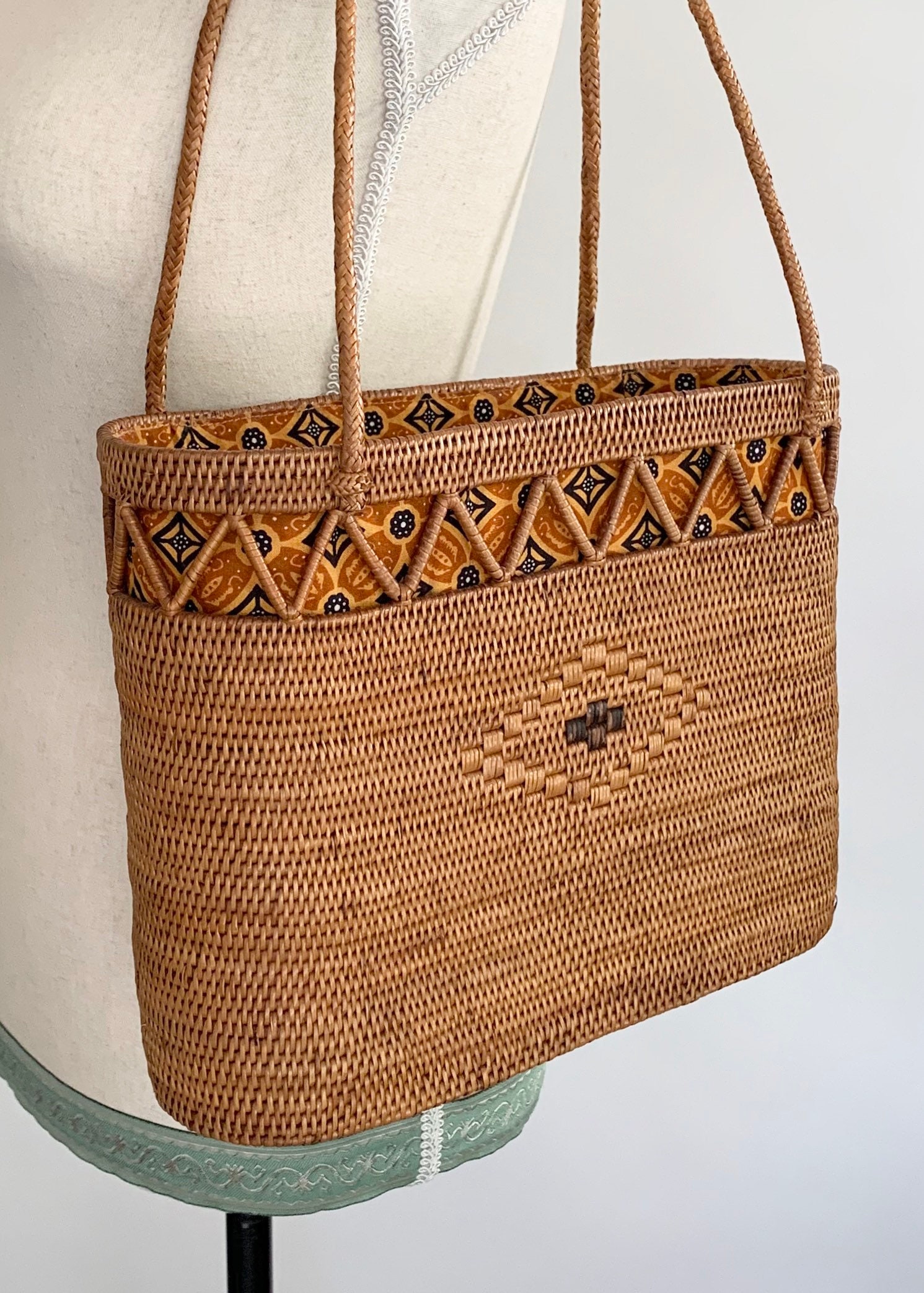 Boho Straw Basket Purse Tote Bag Vintage Wicker Style Fully Lined in