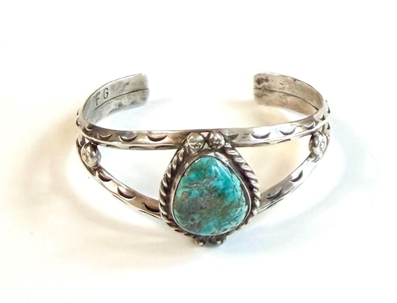 Vintage Navajo Turquoise Cuff Bracelet 60s 70s Signed Native American Handcrafted Sterling Silver