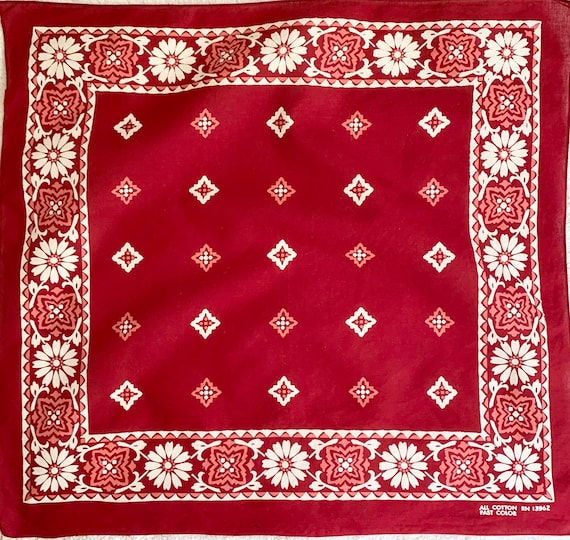 Burgundy Fast Color Bandana Rare Floral Print Vint