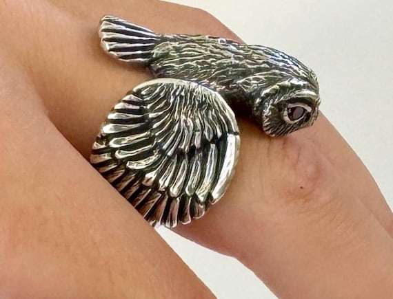 Sterling Silver Owl Ring Vintage Heavy Solid Hefty 925 Silver Bird Hawk Animal 3D Winged Band Red Crystal Eyes Size 7.5