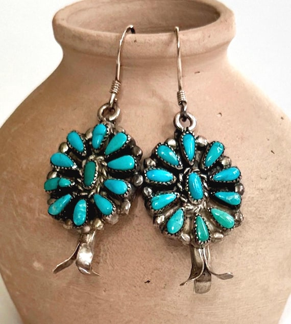 Turquoise Squash Blossom Earrings Drop Dangle Vintage Native American Zuni Sterling Silver Delicate Needlepoint Set Stones