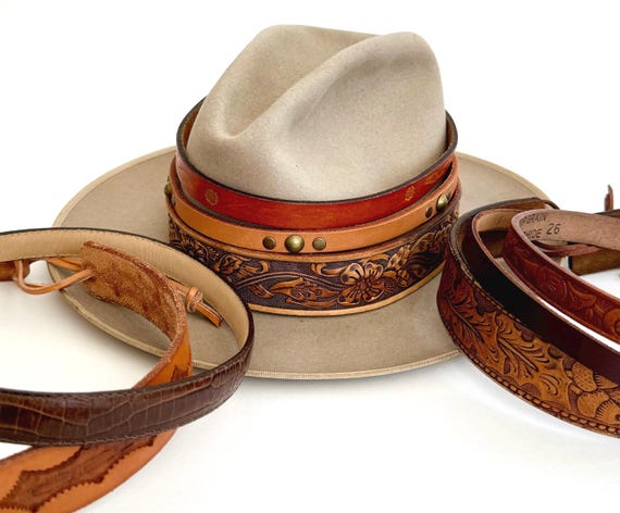 Handmade Western Leather Hat Band: Vintage Repurposed Belt, Tooled & Studded