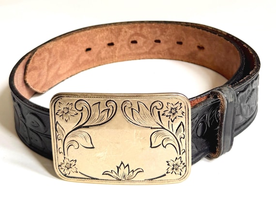 Engraved Western Trophy Buckle Black Floral Tooled Leather Belt Strap