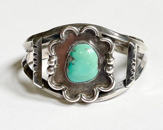 Heavy Vintage Turquoise Cuff Bracelet 60s 70s Native American Navajo Wide Solid Sterling Silver