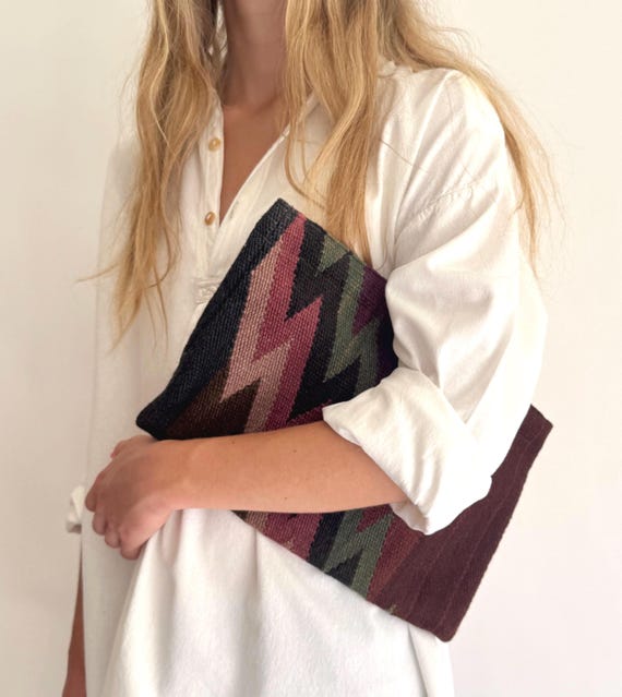 Southwest Handwoven Wool Clutch Bag Purse Pouch Vintage Geometric Weaving Likely Southwest Native American Navajo