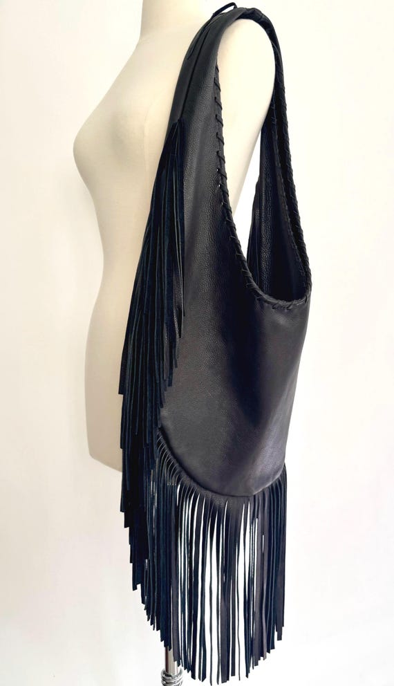 Oversized Black Leather Fringe Bag Western Minimalist Buttery Soft Leather