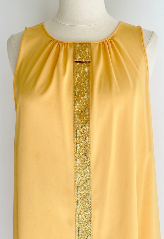 60s Marigold Nylon Nightgown Nightie House Dress Vintage Lorraine Lingerie Soft Nylon Sleeveless Gold Brocade Detail Along Front XS S