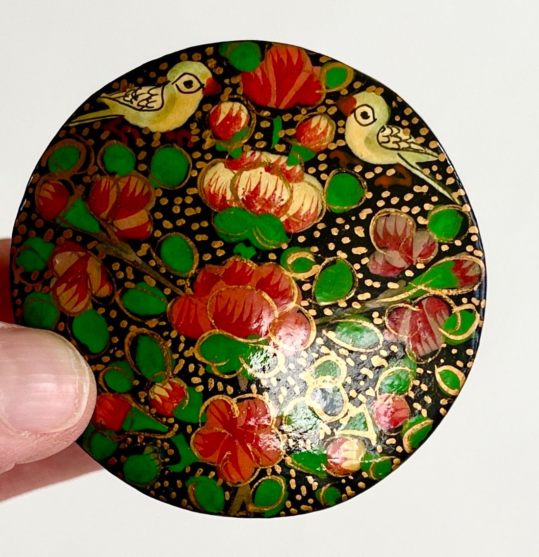 Floral Lacquered Wood Box Pillbox Tinket Box Heart Circle Oval Lid