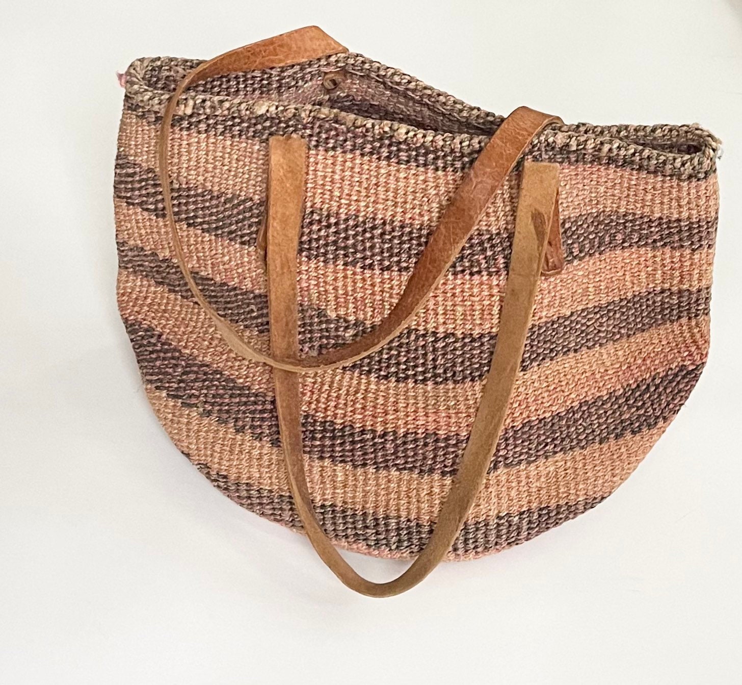 80s Sisal Market Bag Vintage Straw Purse Beach Bag Worn Leather Straps ...