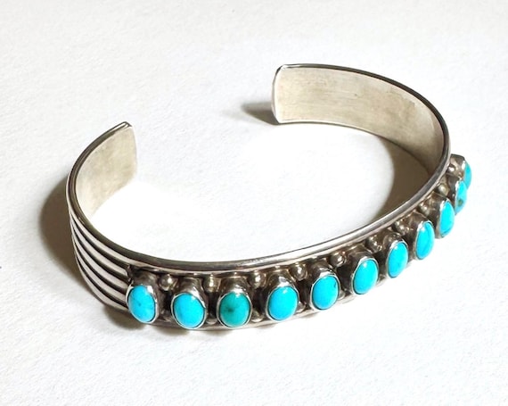 Signed Navajo Turquoise Cuff Bracelet Native American Handmade Sterling Silver
