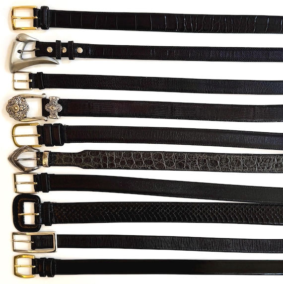 Solid Black Leather Belt Vintage Plain Minimalist Simple Classic Dress Croco Lizard Snakeskin Brass Silver Gold Buckle YSL Brighton Armani