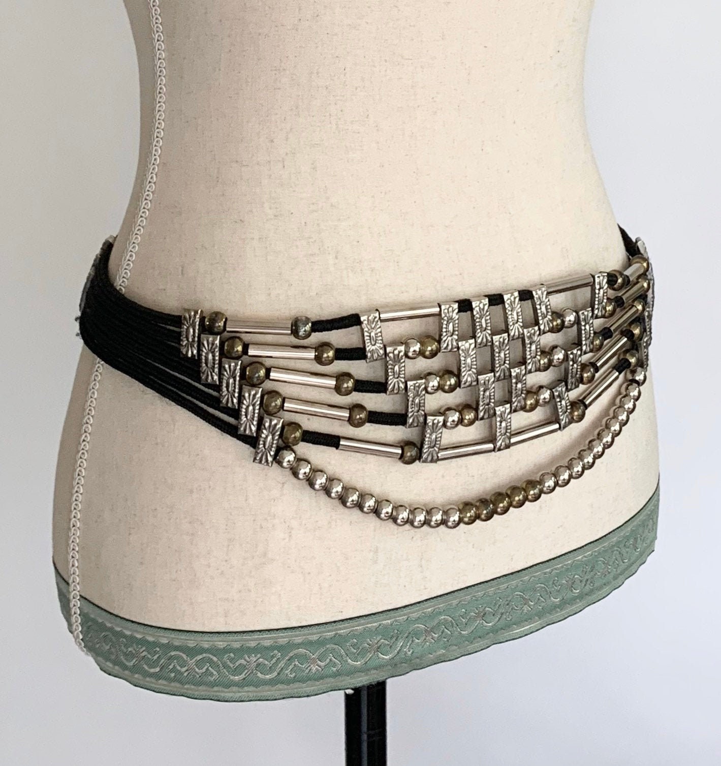 70s 80s Beaded Belt Wide Multi Strand with Gold and Silver Tone Beads ...