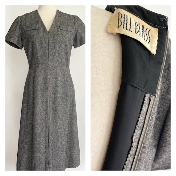 70s Bill Blass Dress American Designer Gray Grey Wool Short Sleeve Dress Minimalist Simple Classic Cut XS