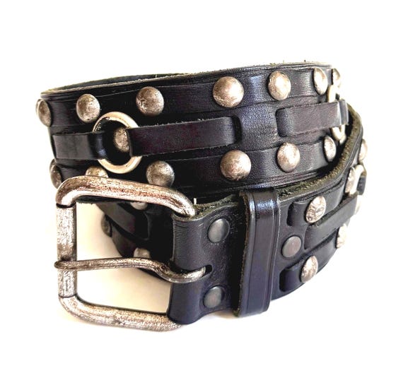 Vintage Ralph Lauren Studded Belt Worn Black Leather Strap Silver Studs