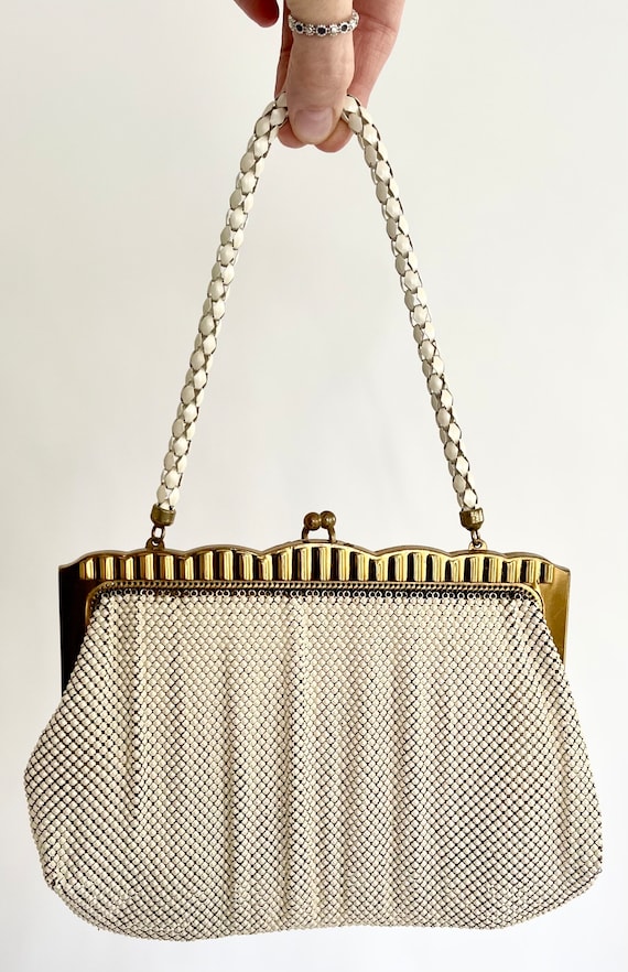 Whiting & Davis Mesh Purse Evening Bag Vintage 50's Enamel Ivory White Metal Chain Mail Gold Tone Frame Wedding Bridal