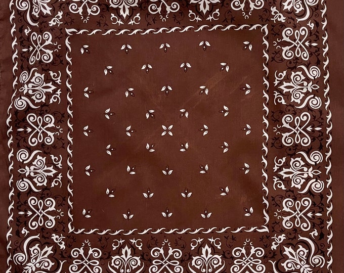60s 70s Brown Bandana Vintage Fast Color Soft All Cotton Western Cowboy Chocolate Brown White Paisley Floral Print