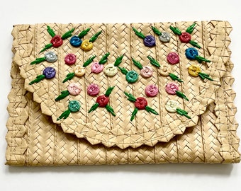 Embroidered Straw Clutch Bag Envelope Clutch Boho Vintage 70s Beige Spring Summer Purse Colorful Floral Embroidery Raffia Flowers