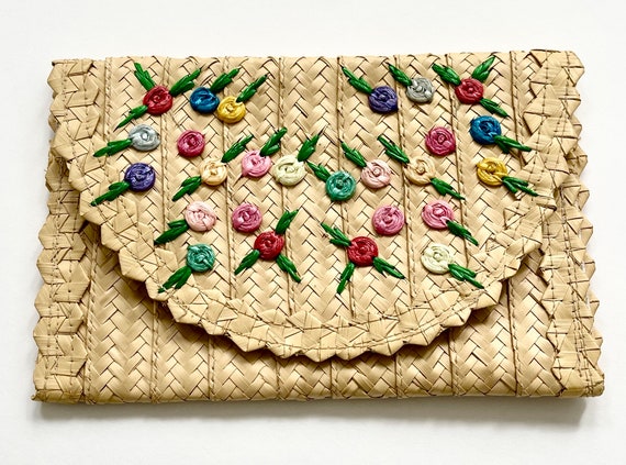 Embroidered Straw Clutch Bag Envelope Clutch Boho… - image 1