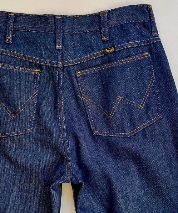 70s Wrangler Jeans 30 x 30 Dark Cotton Denim Vintage Mens Pants Trousers Slightly Flared Contrast Orange Stitching Sawtooth Pocket Stitching