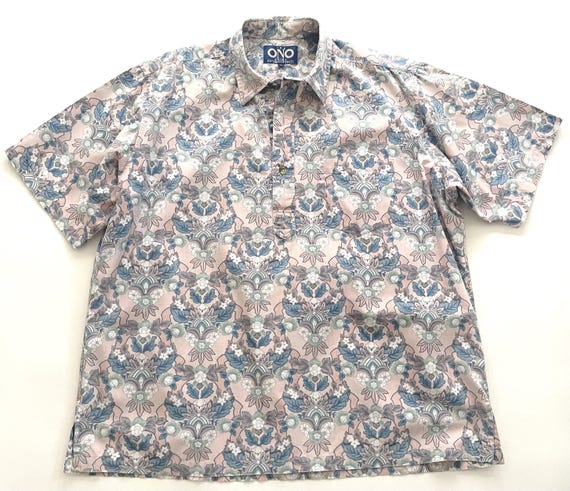 Vintage Hawaiian Shirt Tiki Shirt Aloha Shirt 80s Ono Liberty House Men's Short Sleeve Summer Shirt Tropical Floral Tiki Pastel Print