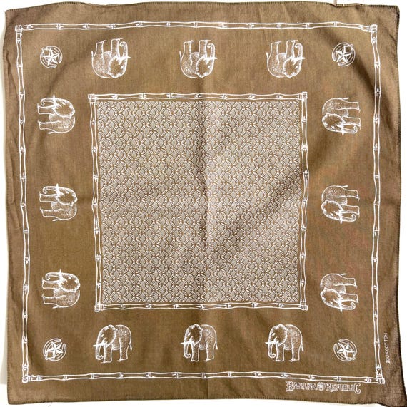 Rare Vintage 80s Banana Republic Travel & Safari Bandana Olive Khaki Elephant Print Cotton