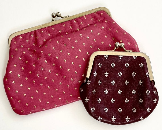 Italian Leather Coin Purse Pouch Mid Century Vintage Gold Fleur de Lys Printed Leather Goods Accessories Lipstick Pink Burgundy