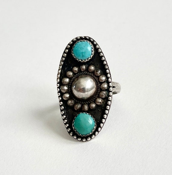 Navajo Turquoise Ring Fred Harvey Era Vintage Native American Sterling Silver Double Two Stones Multi Stone Style Size 8