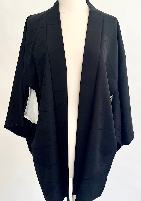 Vintage Black Silk Kimono Jacket Japanese Asisan Handmade Luxurious Black Silk Ivory White Lining