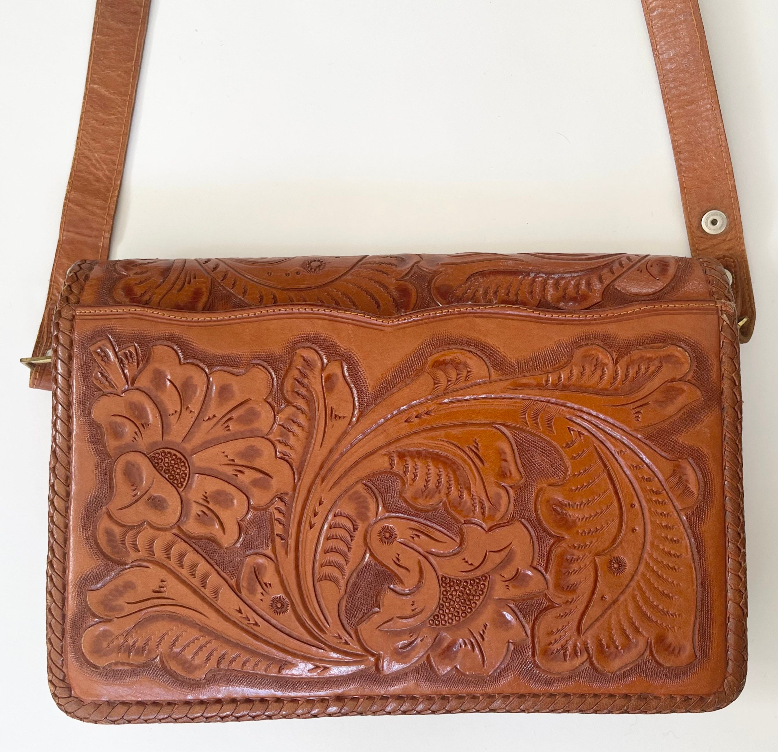 Floral Tooled Leather Purse Crossbody Shoulder Bag Made in Mexico Vintage 60s 70s Western Boho