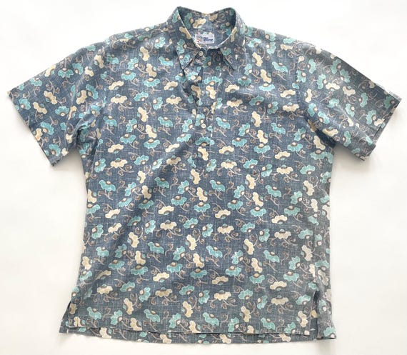 Vintage Reyn Spooner Shirt Hawaiian Shirt Aloha Shirt 80's Men's Short Sleeve Summer Beach Cabana Shirt Blue Yellow Aqua Floral Print Tiki