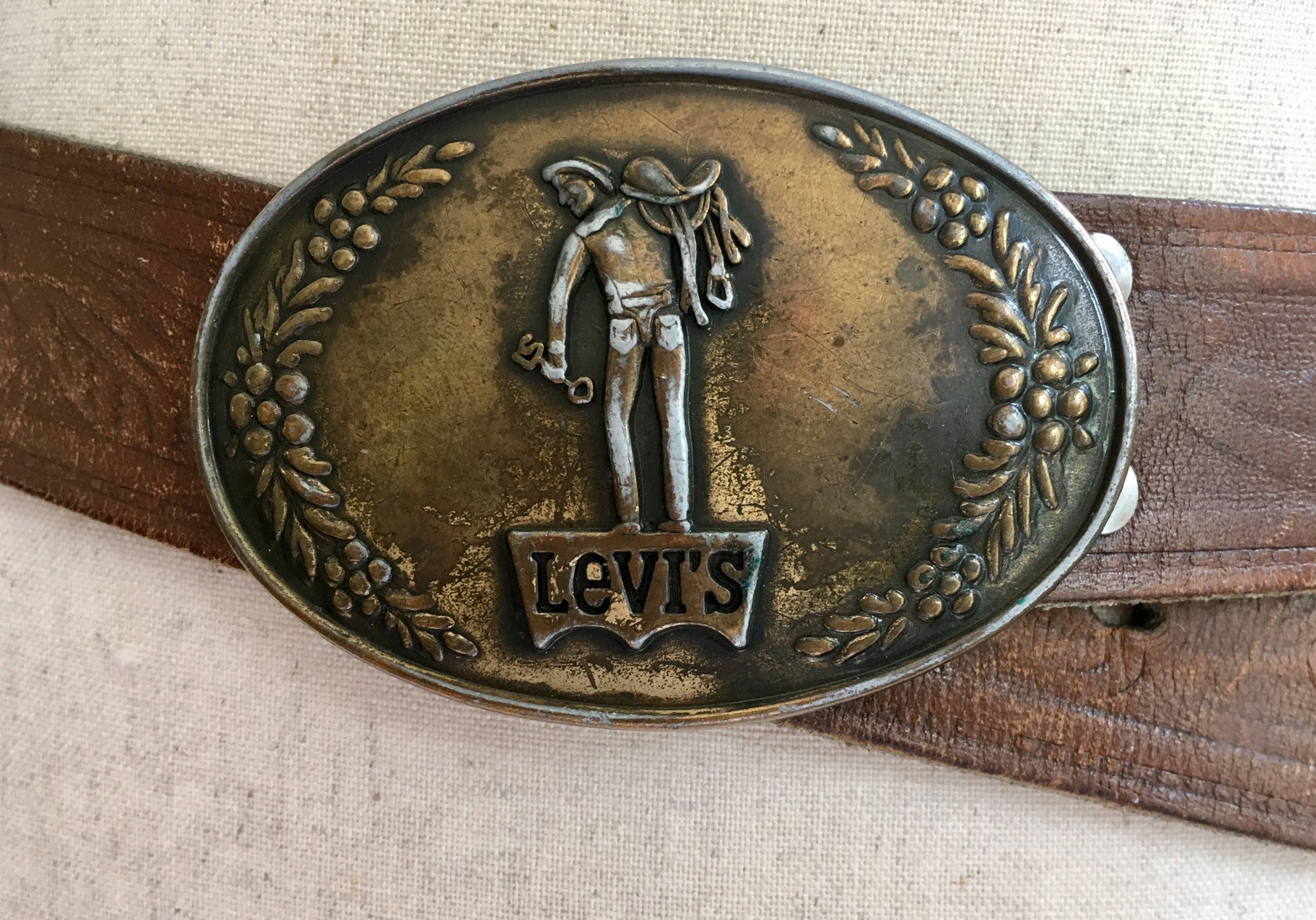 Vintage Levi's Leather Belt Cowboy Buckle Distressed Brown Stamped Leather  Belt Tooled Leather Women's SMALL