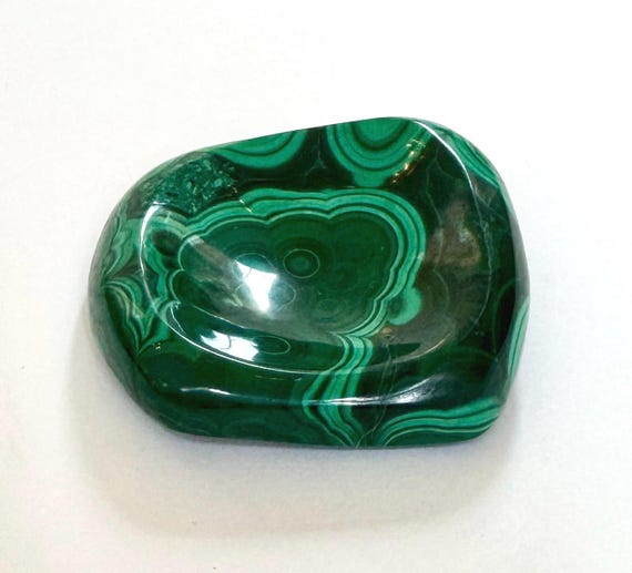 Natural Malachite Trinket Dish Sculptural Carved Solid Green Stone Ring Dish