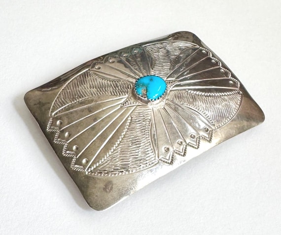 Sterling Silver Turquoise Buckle Vintage Native American Navajo Handcrafted Rectangle Southwest Western Buckle Kingman Turquoise Belt Buckle