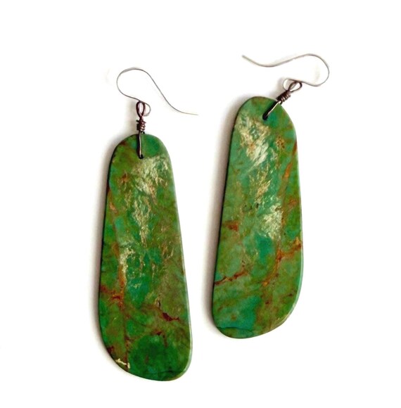 Vintage Green Turquoise Slab Earrings 2.75" Drop Native American Santo Domingo