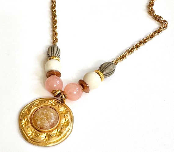 Vintage Gold Medallion Necklace 70s 80s Costume Jewelry Pastel Beaded Gold Chain Boho Pendant Charm Necklace