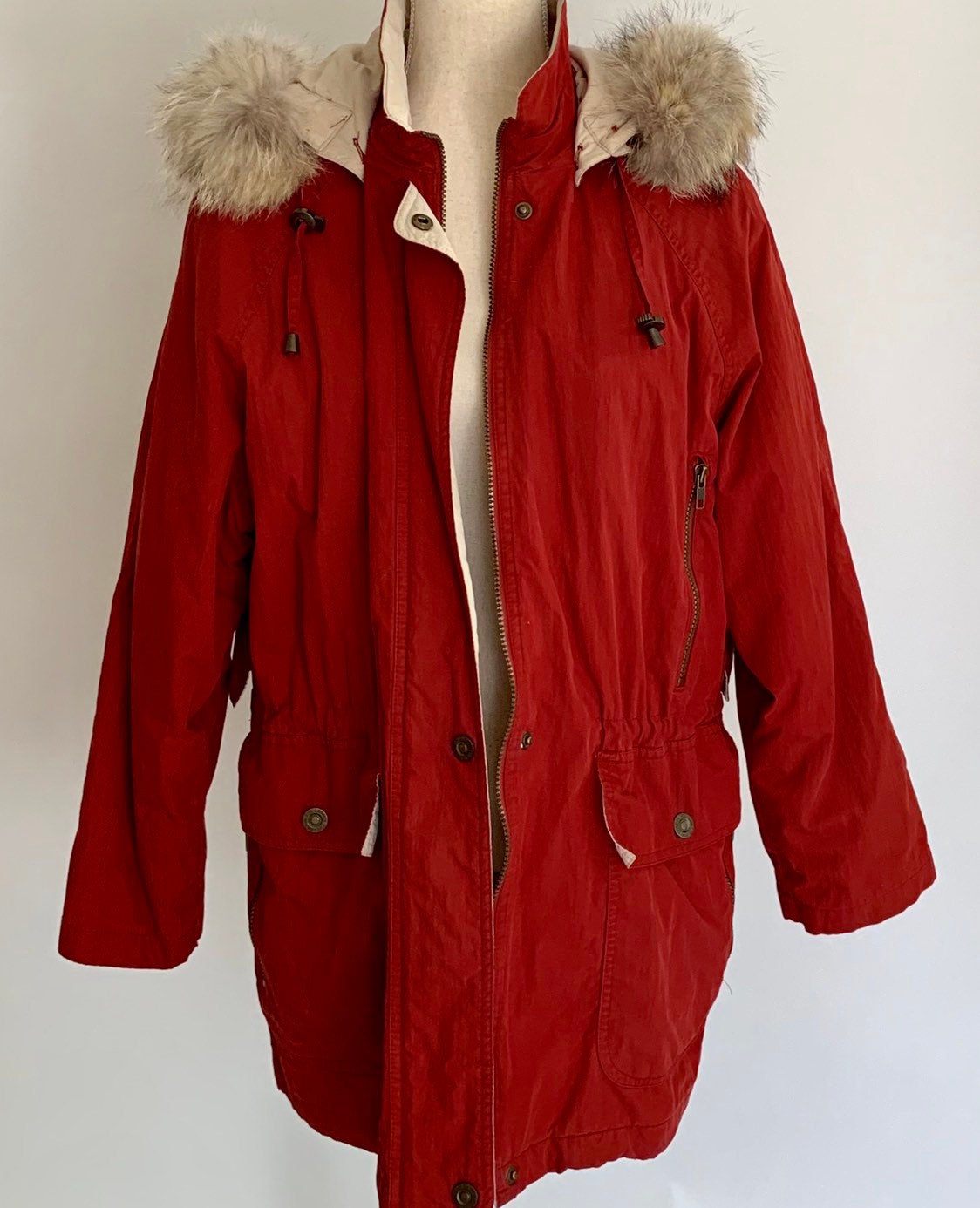 Fox Fur Hooded Parka Anorak Coat Jacket Vintage London Fog Brick Red ...