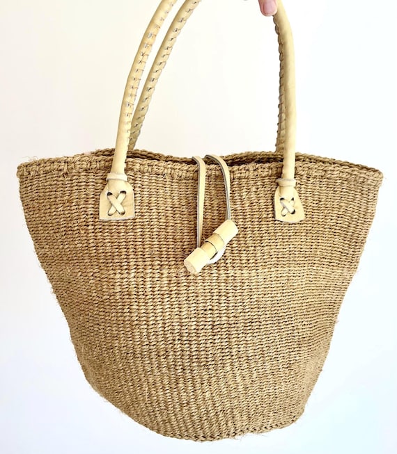 Vintage Woven Sisal Tote Bag with Leather Straps
